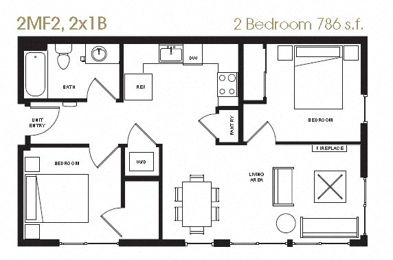 Floor plan for 2 beds, 1 bath, 786 sqft